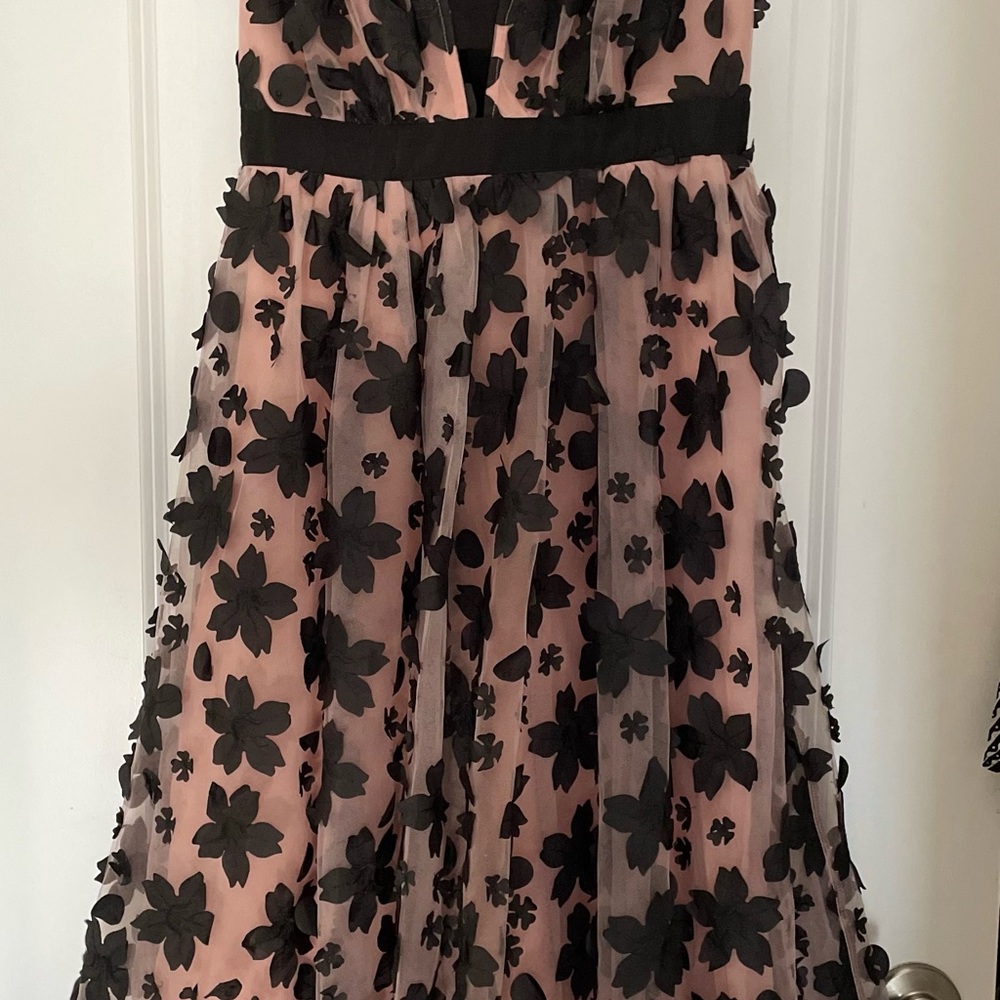 Anthropologie Black Floral Midi Dress with Pink Base